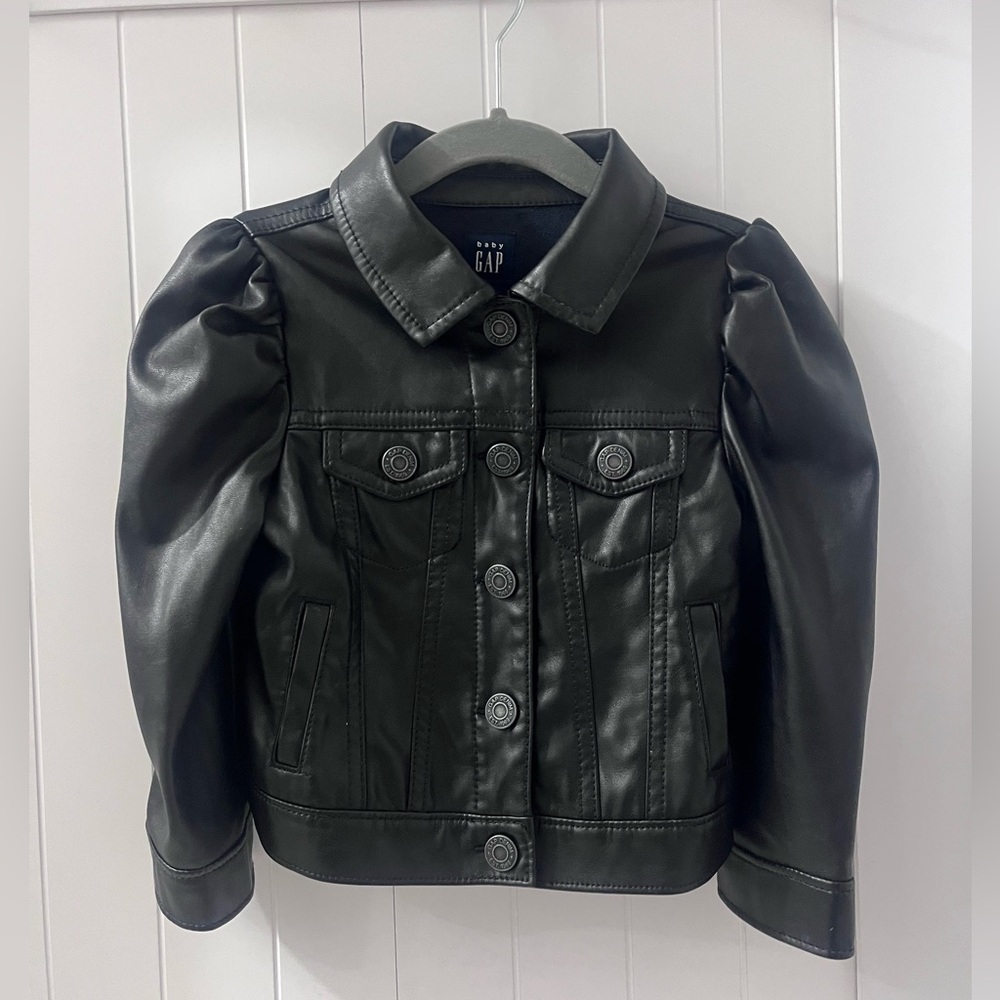 baby GAP Black Faux Leather Puff Sleeve Jacket - 3T